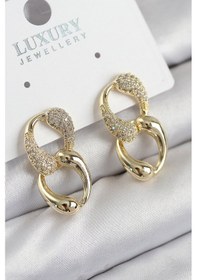 Resim Pirinç Zirkon Taşlı Zincir Model Gold Renk Kadın Küpe Diğer 