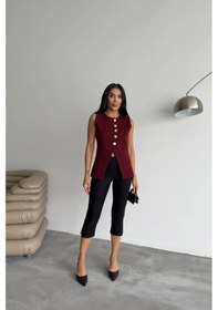 Resim Defymoda Gold Düğme Detaylı Yelek - Bordo Bordo 