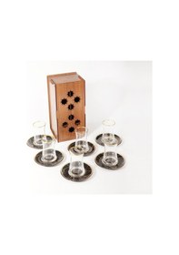 Resim Siyah Mermer Esintili Cam Çay Bardağı Ve Çay Tabağı 6'lı Set 