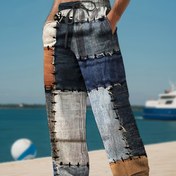Resim Erkek Bohem Baskılı Bağcıklı Geniş Bacaklı Pantolon - Hafif Polyester, Geometrik Desenli Rahat Pantolon, Bahar, Yaz ve Sonbahar için Mükemmel, Plaj ve Açık Hava Aktiviteleri için 