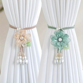 Resim 2 Adet Bohem Çiçekli Perde Tutucu - Ayarlanabilir Kordon & 5 Yapraklı Çiçek Tasarımı, Delme Gerektirmeden Pencerede Asılır Dekorasyonlar Bej/Yeşil/Nane Tonlarda, Dayanıklı Kumaş ile Oturma Odası veya Yatak Odası İçin Kolay Kurulum & Hasarsız Söküm, Vintage Tarzı İnci Detaylı Merkez Parça, Şık Ve Sağlam Tutuş (Kiralara Uygun) 