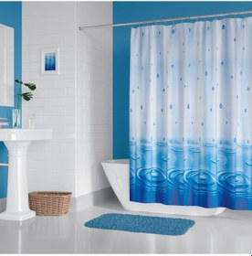 Resim Mavi Küvet Perdesi-Damla Desen Banyo Perdesi, Lüx Mavi Su Damlası 