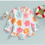 Resim Sarı Çocuklar Bebek Kız Mayolar 12m 18m 24m 3y 4y 5y Yaz Çiçek Uzun Kollu Fermuar Ruffles Tulum Mayo Beachwear Mayo Sarı 