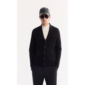Resim AVVA Erkek Siyah Şal Yaka Düğmeli Soft Touch Çizgili Regular Fit Hırka A52Y5042 