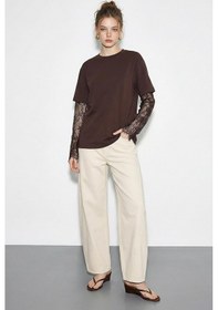 Resim Shade Kadın Bisiklet Yaka Dantel Kollu Oversize Pamuklu T-shirt 1049 60286075 - Acı Kahve Acı Kahverengi 