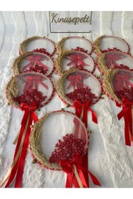 Resim Kınasepeti 1 Adet Hasır Kenarlı Zilli Nedime Defi Seti, Kırmızı Boncuklu ve Kurdeleli Kına Gecesi Tefi 