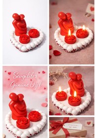 Resim Sevgili Çift Biblo & Gül Mumlu Kalp Tepsi Vanilya Kokulu Romantik Dekor Seti Çok Renkli 