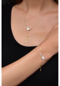 Resim Papatya Silver 925 Ayar Gümüş Gold Kaplama Zincir Sallantılı Taşlı Sedef Manolya Çiçeği Kolye ve Bileklik Set 