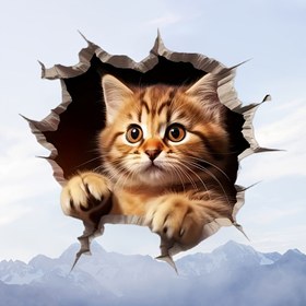 Resim Duvar Sticker'ı Kırılan Sevimli Kedi - Araba Gövdesi, Motosiklet, Laptop, Duvar için Uygun 