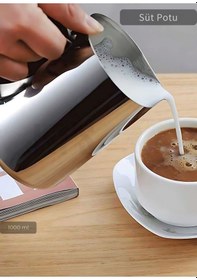 Resim Süt Potu Paslanmaz Süt Köpürtme Sürahisi Çelik Pitcher 1000 Ml 