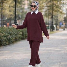 Resim Esra Butik Mürdüm Siyah Taş Çimalı Tesettür Ikili Takım Tunik Pantolon Şık Rahat 