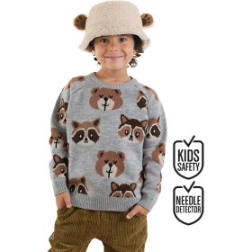 Resim Denokids Ayı Rakun Gri Triko Kazak Erkek Çocuk Bisiklet Yaka Casual Stil 