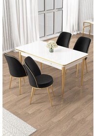 Resim Canisa Rewa Serisi 70x110 Sabit Beyaz Gold Detay Masa Takımı Ve 4 Siyah Sandalye Masa Beyaz Sandalye Siyah Ayak Gold 