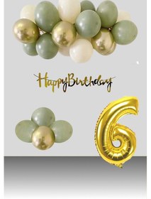 Resim 6 Yaş Retro Krom Gold Küf Yeşili Kum Beji Balon Happy Birthday Banner Gold Rakam Doğum Günü Süsleme Çok Renkli 