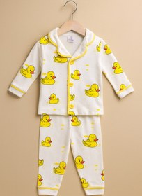 Resim minilovebaby %100 Pamuk Unisex Sarı Ördek Desenli Düğmeli Alt Üst Bebek Pijama Takımı (6-9/9-12/12-18/18-24Ay) 