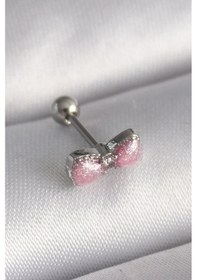 Resim 316l Çelik Gümüş Renk Pembe Kurdele Zirkon Taş Detay Tragus Piercing - Tj-pr1295 Gümüş 
