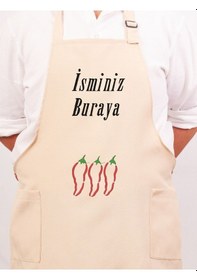 Resim Mutfak Önlüğü Kişiye Ve İsme Özel Nakışlı Mutfak Önlüğü Biber01 Farklı Renkler Krem 