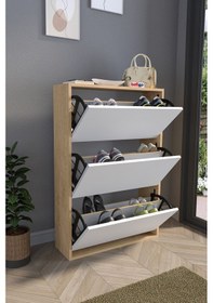 Resim Düşer Kapak Ayakkabılık Kayar Raflı Ayakkabılık 3 Bölmeli Ayakkabılık Melek Safir Meşe Beyaz Safir Meşe 