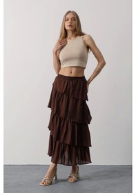 Resim Defymoda Katlı Kesim Uzun Etek - Kahve Kahve 