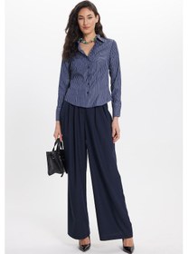 Resim Tudors Kadın Slim Fit Dar Kesim Uzun Kollu Çizgili Lacivert Gömlek-50322 