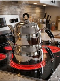 Resim Paris Orta Boy Metal Kulplu Çelik Çaydanlık Takımı Gümüş 