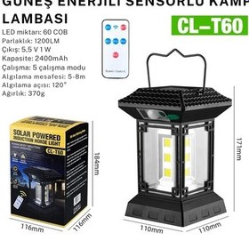 Resim Uzaktan Kumandalı Cl-t60 Solar Led Lamba - 2400mah Pil Kapasiteli, Su Geçirmez Kamp Lambası Siyah 