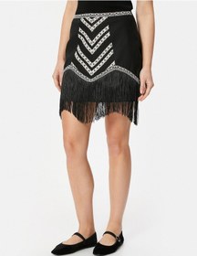 Resim Koton Püsküllü Keten Mini Etek Desenli Şerit Detaylı Siyah 4sak70205ew Siyah 