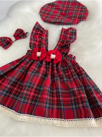 Resim Moda Lina Kız Bebek Dantelli Kırmızı Ekose Elbise Bandana Şapka Set 