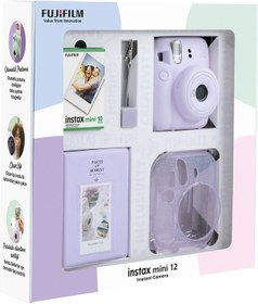 Resim Fujifilm Instax Mini 12 Fotoğraf Makinesi + 10'lu Film + Simli Pleksi Kılıf + Pvc Albüm + Kıskaçlı Standı Lila 