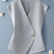 Resim Şık Açık Gri Asimetrik Yaka Kolsuz Blazer - Kadınlar için Şık Tek Düğmeli Şal Ceket, İlkbahar/Yaz Günlük Giyim, Makinede Yıkanabilir, Zarif Tasarım, Sofistike Kesim 