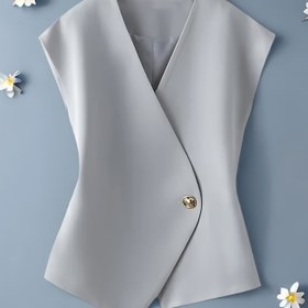 Resim Şık Açık Gri Asimetrik Yaka Kolsuz Blazer - Kadınlar için Şık Tek Düğmeli Şal Ceket, İlkbahar/Yaz Günlük Giyim, Makinede Yıkanabilir, Zarif Tasarım, Sofistike Kesim 