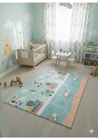 Resim Katlanabilir Çift Taraflı Eğitici Çocuk Oyun Matı - Halısı 180x150 Taşıma Çantalı - Mavi Alfabe 