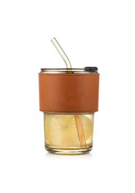 Resim Forzacase 350ml Isıya Dayanıklı Deri Şeritli Pipetli Borosilikat Cam Bardak Çay Kahve - Fc1141 Amber 