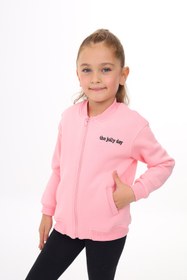 Resim Toontoy Kız Çocuk Kolej Yaka Fermuarlı Cepli Düşük Omuz Nakış Baskılı Örme Hırka - 2 İplik Şardonlu 
