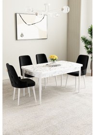 Resim Clara Beyaz Mermer Desen 80x132 Açılabilir Yemek Odası Takımı 4 Adet Sandalye Siyah 