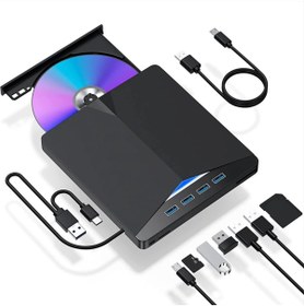 Resim TechTic 7in1 Harici DVD-ROM USB 3.0 HUB Çoğaltıcı TF SD Kart Okuyucu Type C Kablolu DVD Player CD 