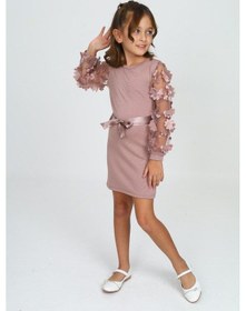 Resim Belden Bağlamalı Tül Detaylı Çocuk Elbise Mykids Collection Pudra 