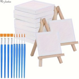 Resim 22 parça (10 parça Tuval + 10 parça Boya Fırçaları + 2 parça Stand) Yağlı Boya Tuvali ve Boya Fırçaları Seti, 10 parça 10.16 X 10.16 cm Sanatçı Tuval Paneli, 5 parça Düz ve 5 parça Nokta Nylon Saç Sanatçı Fırçaları ile 2 parça Çam Stand Seti - Sanatçı Tuval Tablosu, Boyama için 