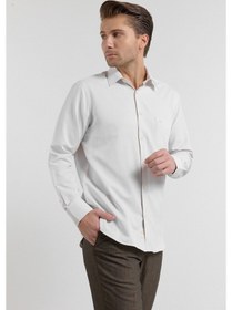Resim İmza Koyu Bej Çizgili Desen Sert Yaka Uzun Kol Cepli Comfort Fit Pamuklu Gömlek 1004255268 