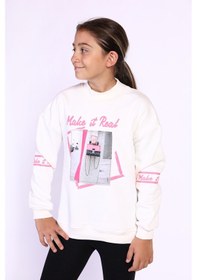 Resim Toontoy Kız Çocuk Baskılı Taş İşlemeli Balıkçı Yaka Sweatshirt Ekru 