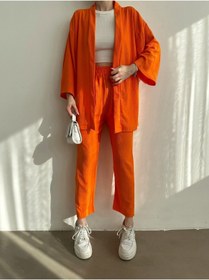 Resim BEJNA Kadın Turuncu Kimono Pantolon Örme Takımı 
