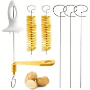 Resim El ile çalışan sebze spiral kesiciler, rendeleyiciler, soyucular ve dilimleyiciler seti, Patates dilimleyici spiral kesici, Tornado patates dilimleyici, Burulma patates dilimleyici ve Dekoratif kızarmış patates cipsleri yapmak için araçlar dahil. 