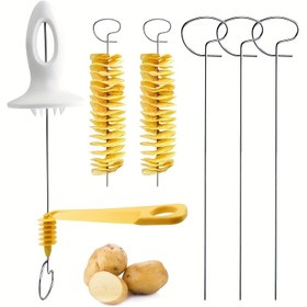 Resim El ile çalışan sebze spiral kesiciler, rendeleyiciler, soyucular ve dilimleyiciler seti, Patates dilimleyici spiral kesici, Tornado patates dilimleyici, Burulma patates dilimleyici ve Dekoratif kızarmış patates cipsleri yapmak için araçlar dahil. 