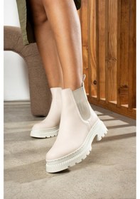 Resim Shoetek Arella Kadın Bot&bootie Yandan Lastikli Postal Bej Deri Bej Cilt Bej 