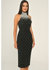 Resim Halter Yaka Boncuklu Krep Midi Abiye Elbise Alfa Beta Siyah 