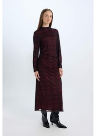 Resim DeFacto Regular Fit Yarım Balıkçı Yaka Desenli Uzun Kollu Maxi Tül Elbise E1959AX24WNBR115 Bordo 
