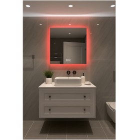 Resim Digital Hayat Buğu Çözücü Dokunmatik Dimlenebilir Kare Ayna Kırmızı Işıklı Led Dekoratif Banyo Makyaj Aynası 50cm - 80cm Kırmızı 