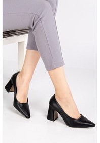 Resim Dilimler Ayakkabı Kadın Kalın Topuklu Stiletto Siyah Düz Model Sivri-3597 Siyah 