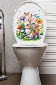 Resim Sevimli Tavşan Kelebek ve Çiçekler Temalı Klozet Sticker Banyo Sticker 