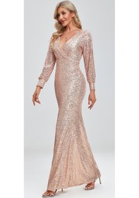 Resim Hanife Glam Couture Hanife Glam Uzun Kollu Kruvaze Yaka Pullu Abiye Elbise Gold 